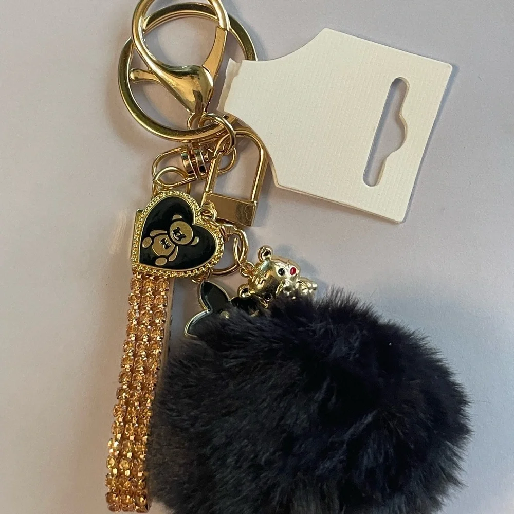 Gold and Black Pom Pom Keychain With 3 Charms – New